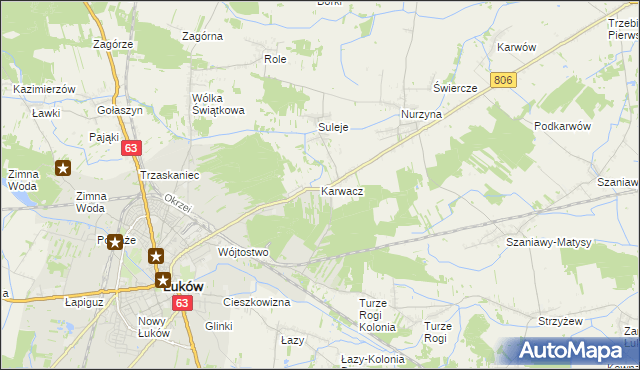 mapa Karwacz gmina Łuków, Karwacz gmina Łuków na mapie Targeo