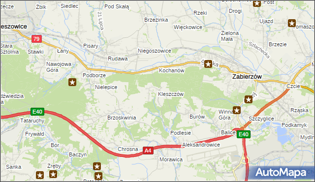 mapa Kleszczów gmina Zabierzów, Kleszczów gmina Zabierzów na mapie Targeo