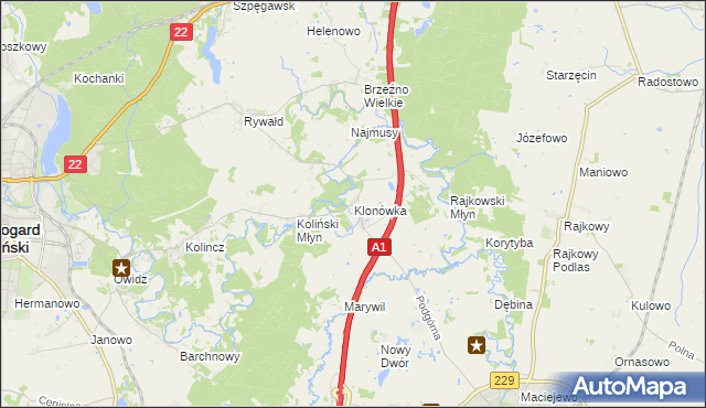 mapa Klonówka gmina Starogard Gdański, Klonówka gmina Starogard Gdański na mapie Targeo