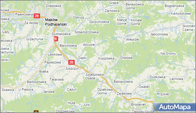 mapa Kojszówka, Kojszówka na mapie Targeo