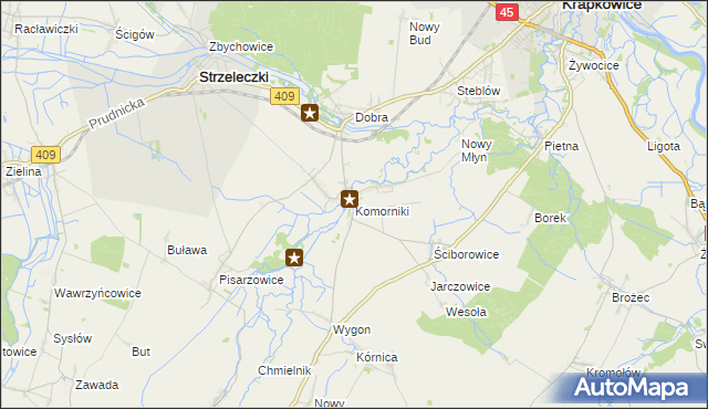 mapa Komorniki gmina Strzeleczki, Komorniki gmina Strzeleczki na mapie Targeo