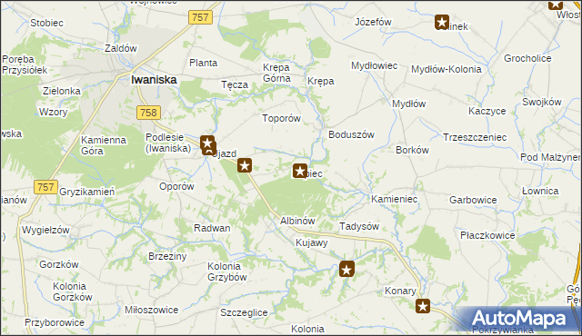 mapa Kopiec gmina Iwaniska, Kopiec gmina Iwaniska na mapie Targeo