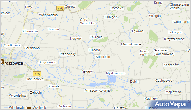 mapa Kościelec gmina Proszowice, Kościelec gmina Proszowice na mapie Targeo