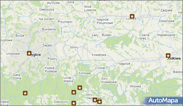 mapa Kowalowa gmina Ryglice, Kowalowa gmina Ryglice na mapie Targeo