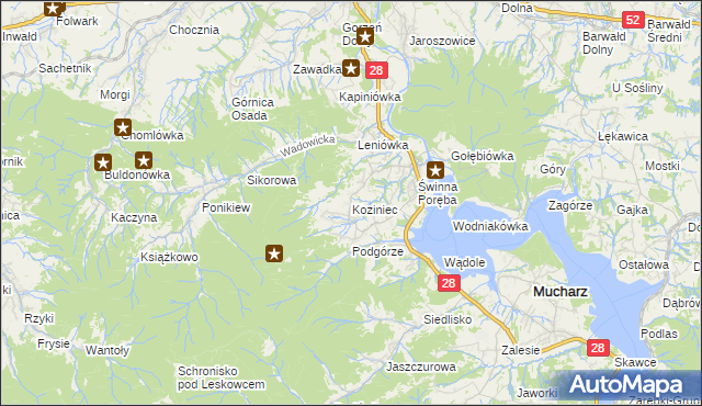 mapa Koziniec gmina Mucharz, Koziniec gmina Mucharz na mapie Targeo