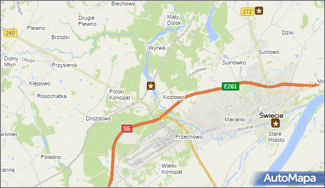 mapa Kozłowo gmina Świecie, Kozłowo gmina Świecie na mapie Targeo