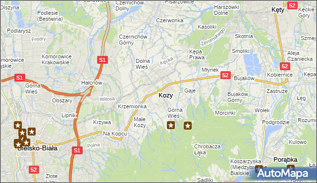 mapa Kozy powiat bielski, Kozy powiat bielski na mapie Targeo