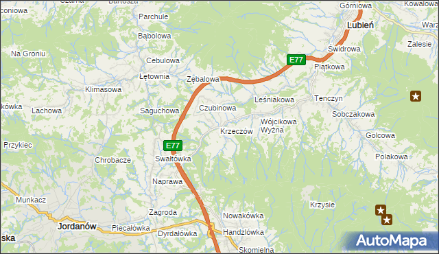 mapa Krzeczów gmina Lubień, Krzeczów gmina Lubień na mapie Targeo