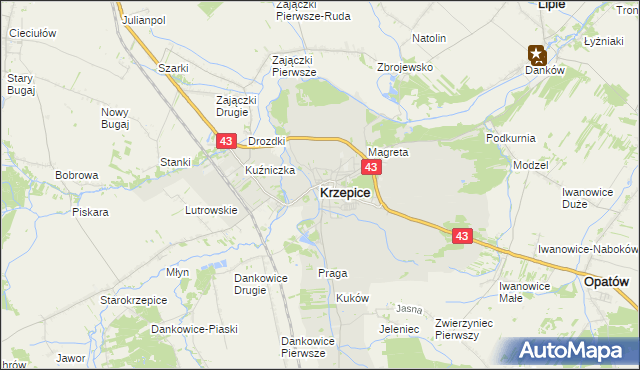 mapa Krzepice powiat kłobucki, Krzepice powiat kłobucki na mapie Targeo