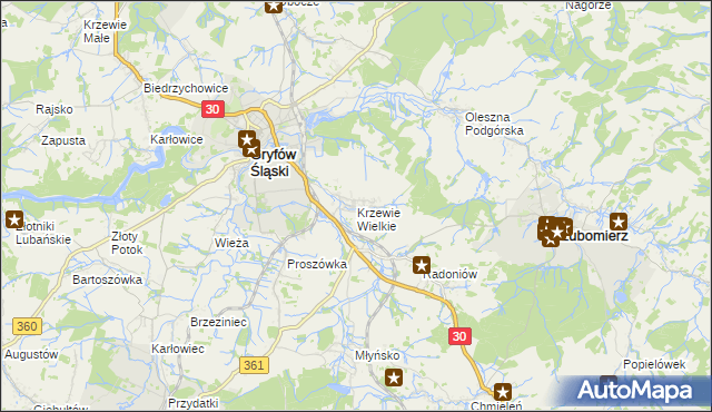 mapa Krzewie Wielkie, Krzewie Wielkie na mapie Targeo