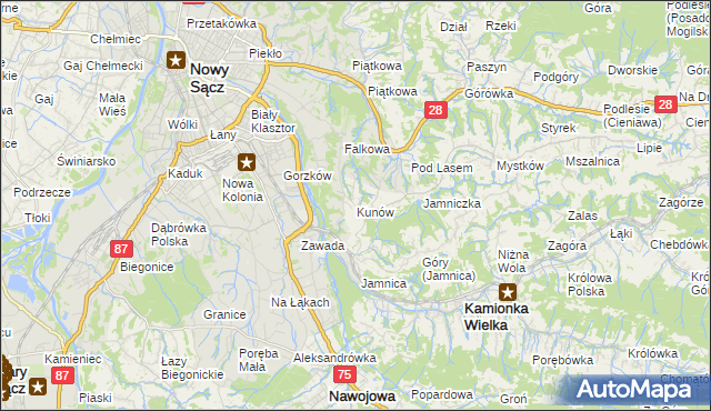 mapa Kunów gmina Chełmiec, Kunów gmina Chełmiec na mapie Targeo