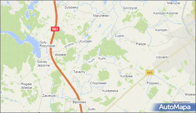 mapa Kurki gmina Grajewo, Kurki gmina Grajewo na mapie Targeo