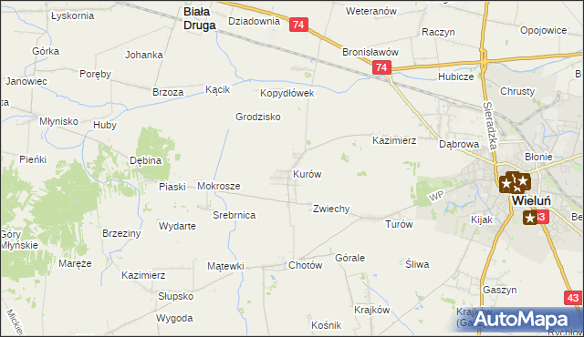 mapa Kurów gmina Wieluń, Kurów gmina Wieluń na mapie Targeo