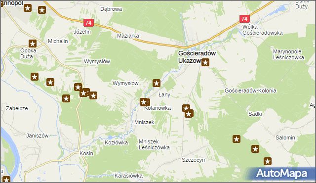 mapa Łany gmina Gościeradów, Łany gmina Gościeradów na mapie Targeo