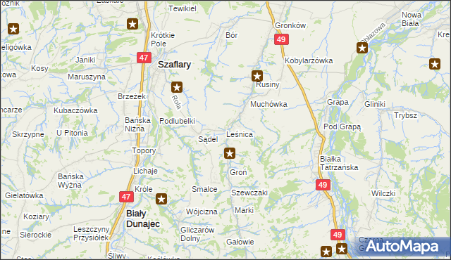 mapa Leśnica gmina Bukowina Tatrzańska, Leśnica gmina Bukowina Tatrzańska na mapie Targeo