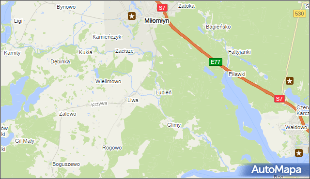 mapa Lubień gmina Miłomłyn, Lubień gmina Miłomłyn na mapie Targeo