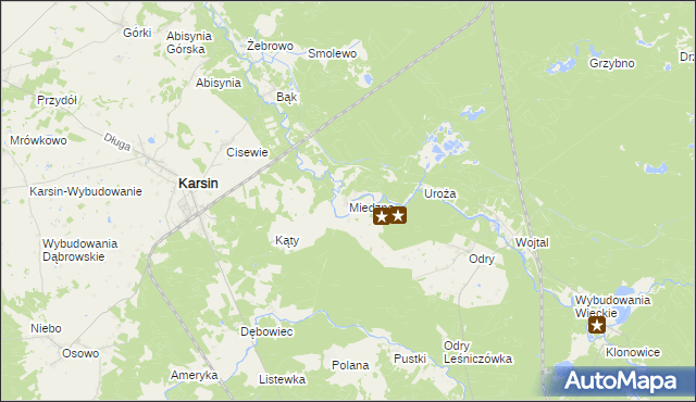 mapa Miedzno gmina Karsin, Miedzno gmina Karsin na mapie Targeo