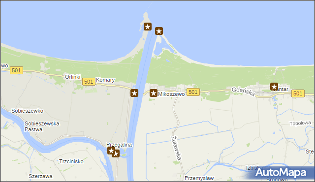 mapa Mikoszewo, Mikoszewo na mapie Targeo