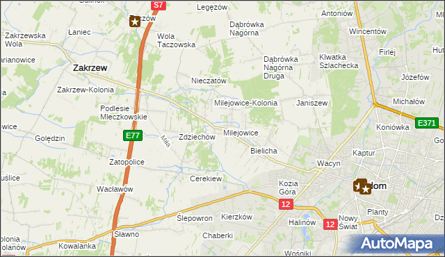 mapa Milejowice gmina Zakrzew, Milejowice gmina Zakrzew na mapie Targeo