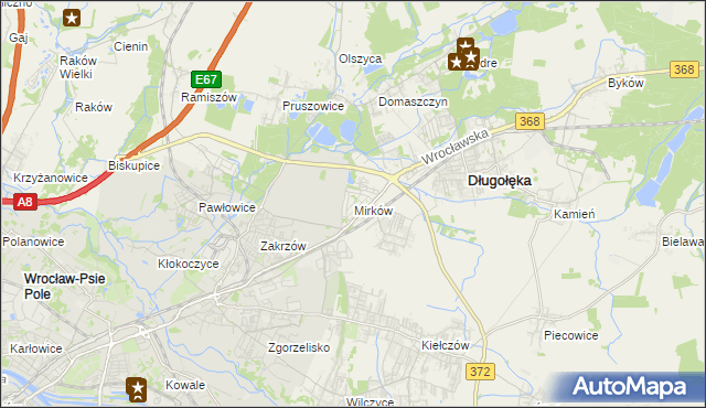 mapa Mirków gmina Długołęka, Mirków gmina Długołęka na mapie Targeo