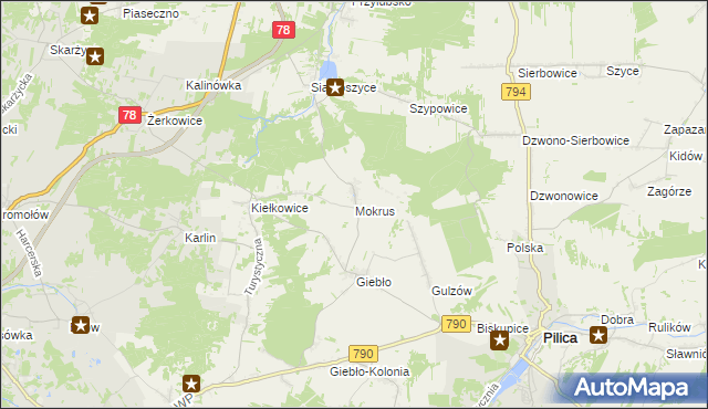 mapa Mokrus gmina Ogrodzieniec, Mokrus gmina Ogrodzieniec na mapie Targeo