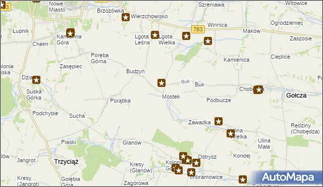 mapa Mostek gmina Gołcza, Mostek gmina Gołcza na mapie Targeo