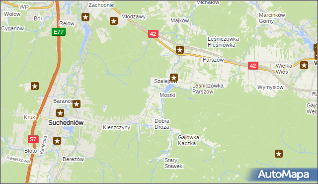 mapa Mostki gmina Suchedniów, Mostki gmina Suchedniów na mapie Targeo