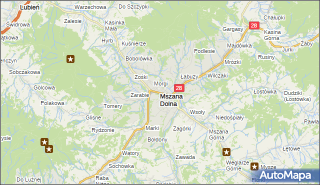 mapa Mszana Dolna, Mszana Dolna na mapie Targeo