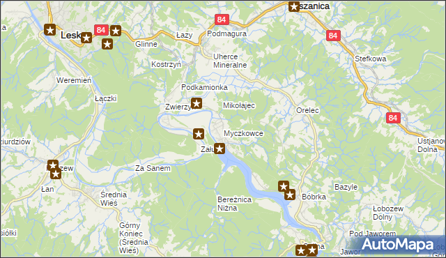 mapa Myczkowce, Myczkowce na mapie Targeo