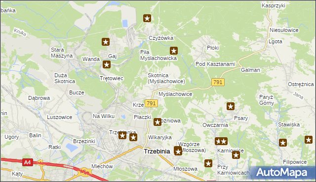mapa Myślachowice, Myślachowice na mapie Targeo