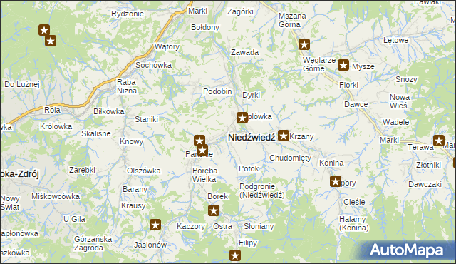 mapa Niedźwiedź powiat limanowski, Niedźwiedź powiat limanowski na mapie Targeo