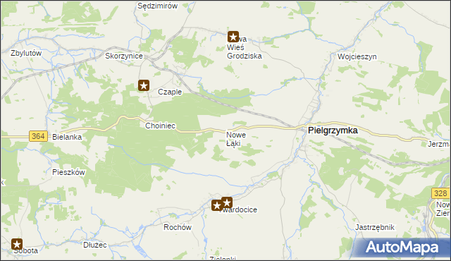 mapa Nowe Łąki gmina Pielgrzymka, Nowe Łąki gmina Pielgrzymka na mapie Targeo