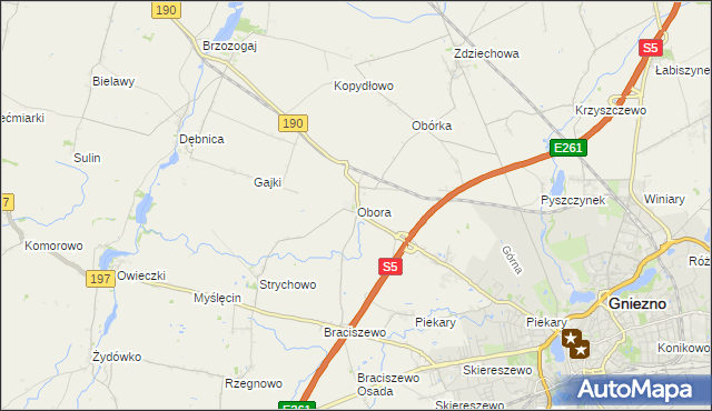 mapa Obora gmina Gniezno, Obora gmina Gniezno na mapie Targeo