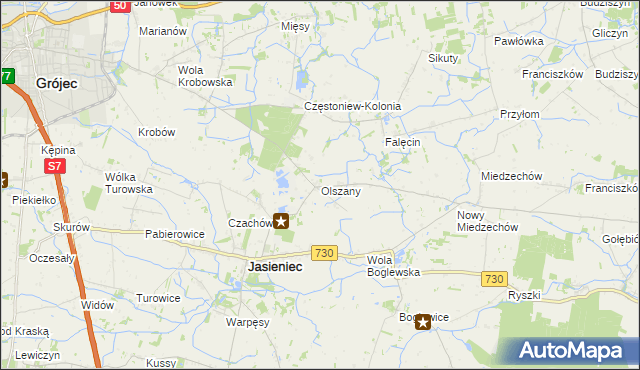 mapa Olszany gmina Jasieniec, Olszany gmina Jasieniec na mapie Targeo