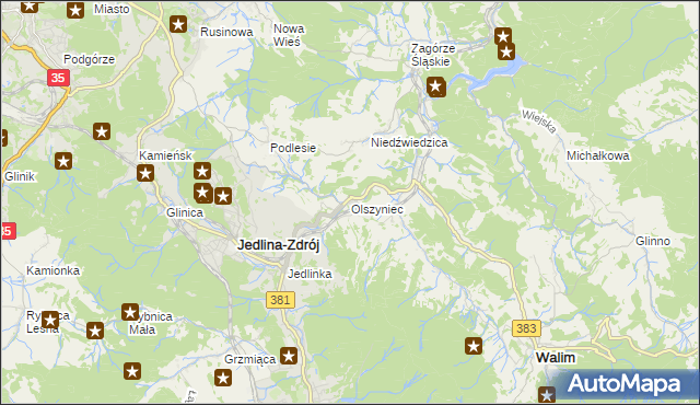 mapa Olszyniec gmina Walim, Olszyniec gmina Walim na mapie Targeo