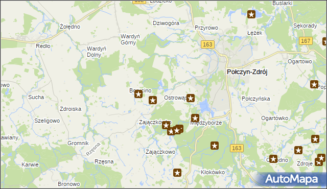 mapa Ostrowąs gmina Połczyn-Zdrój, Ostrowąs gmina Połczyn-Zdrój na mapie Targeo