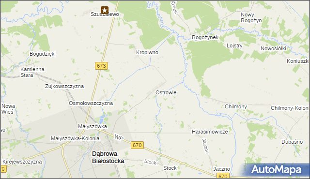 mapa Ostrowie gmina Dąbrowa Białostocka, Ostrowie gmina Dąbrowa Białostocka na mapie Targeo