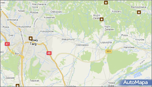 mapa Ostrowsko gmina Nowy Targ, Ostrowsko gmina Nowy Targ na mapie Targeo