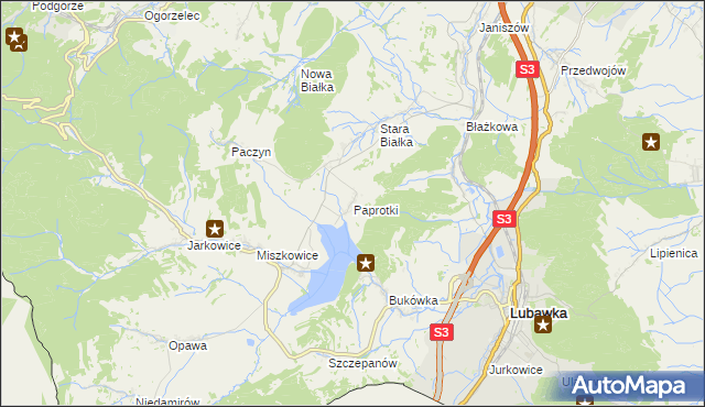 mapa Paprotki gmina Lubawka, Paprotki gmina Lubawka na mapie Targeo