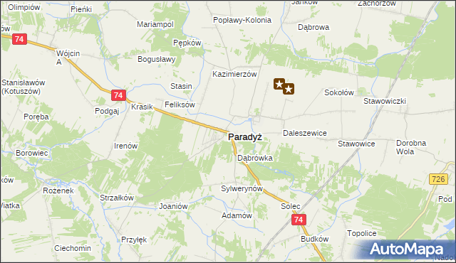 mapa Paradyż powiat opoczyński, Paradyż powiat opoczyński na mapie Targeo