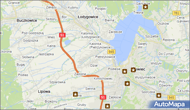 mapa Pietrzykowice gmina Łodygowice, Pietrzykowice gmina Łodygowice na mapie Targeo