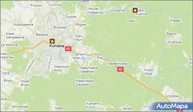 mapa Piła gmina Końskie, Piła gmina Końskie na mapie Targeo