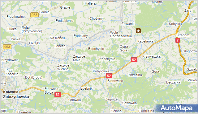 mapa Podchybie gmina Lanckorona, Podchybie gmina Lanckorona na mapie Targeo