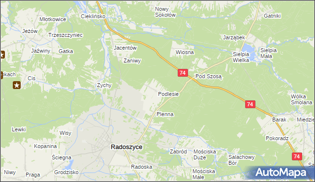 mapa Podlesie gmina Radoszyce, Podlesie gmina Radoszyce na mapie Targeo