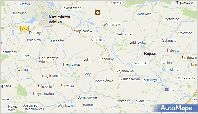 mapa Podolany gmina Kazimierza Wielka, Podolany gmina Kazimierza Wielka na mapie Targeo