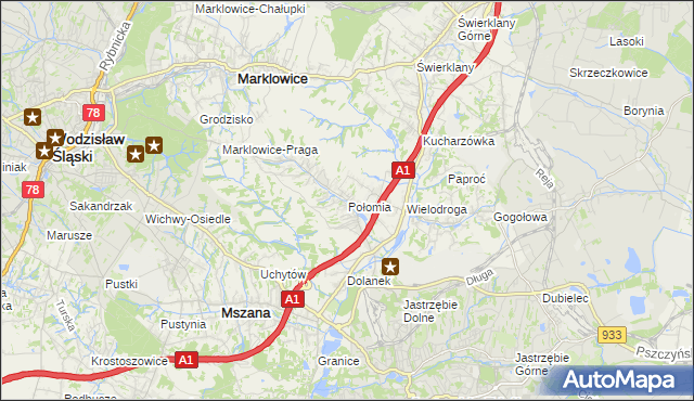 mapa Połomia gmina Mszana, Połomia gmina Mszana na mapie Targeo