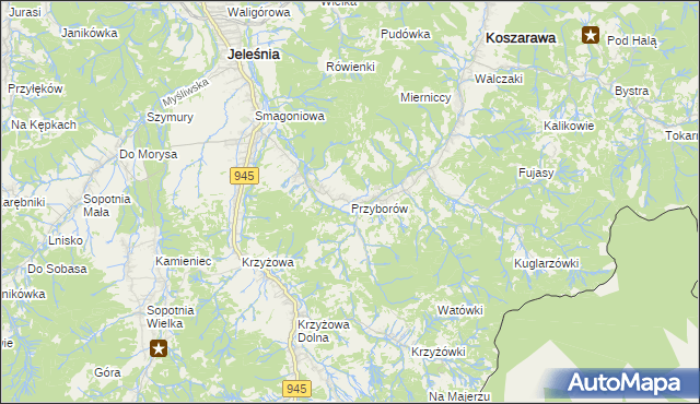 mapa Przyborów gmina Jeleśnia, Przyborów gmina Jeleśnia na mapie Targeo