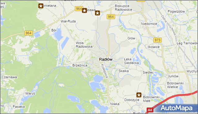 mapa Radłów powiat tarnowski, Radłów powiat tarnowski na mapie Targeo