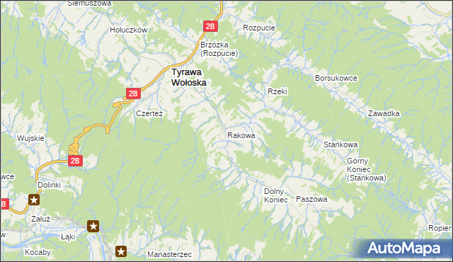 mapa Rakowa gmina Tyrawa Wołoska, Rakowa gmina Tyrawa Wołoska na mapie Targeo