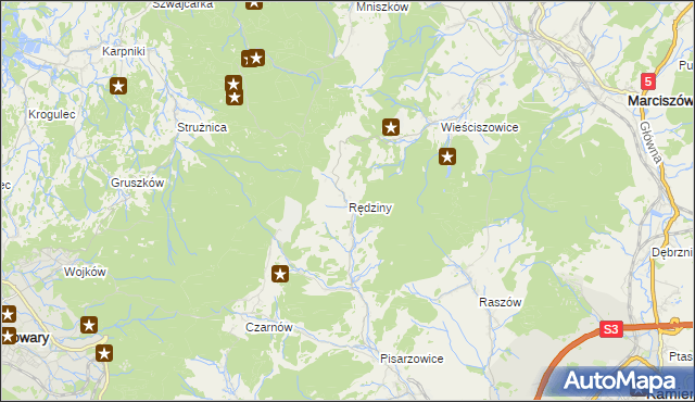 mapa Rędziny gmina Kamienna Góra, Rędziny gmina Kamienna Góra na mapie Targeo